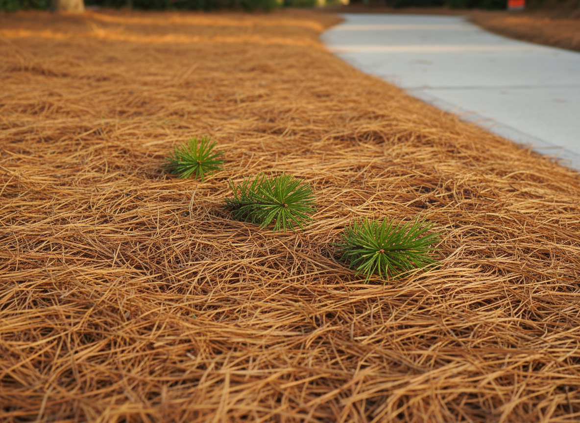 A dense, freshly raked bed of long, golden-brown pine needles forming a soft, uniform carpet that fills the frame, each needle crisp and detailed. A few rich green pine sprigs rest neatly on top, showcasing color contrast and texture. The setting is an outdoor, well-maintained landscape area beside a clean concrete walkway, subtly blurred. Late afternoon natural light creates gentle highlights along the needles and soft shadows between them, emphasizing depth. Photographed at eye level with a slightly oblique angle and moderate depth of field, the composition feels clean, professional, and trustworthy, matching a high-end landscaping business aesthetic in realistic, sharp photographic style.