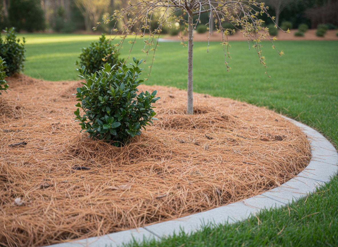 A close-up, photographic view of a landscaped garden bed carefully mulched with pine needles around the base of a dark green shrub and a small ornamental tree. The pine needle layer is evenly spread, with subtle variations in color from light straw to deep rust, highlighting natural texture. Smooth edging separates the bed from a lush, manicured lawn that gently blurs into the background. Soft, diffused morning light filters through unseen trees, creating a calm, serene atmosphere with gentle highlights on the needles and foliage. Shot at a low, side angle using shallow depth of field, the composition emphasizes the quality and neatness of the pine needle installation in a clean, professional style.
