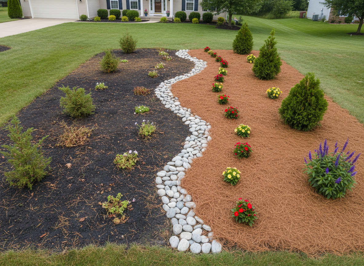 An overhead, photographic shot of a suburban front yard partially mulched with pine needles to illustrate a before-and-after concept. One side of the curved flower bed shows exposed soil and a few scattered leaves, while the other side is neatly covered with a thick, even layer of fresh pine needles surrounding evergreen shrubs and seasonal flowers. A smooth stone border arcs through the center, guiding the eye and emphasizing transformation. Soft, overcast daylight gives diffused, even lighting, enhancing natural colors without harsh contrast. The composition uses a clear division between the untreated and finished areas, conveying professionalism, care, and the visual impact of pine needle products in a clean, realistic style.