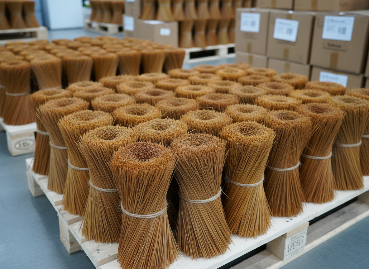 An organized display of bundled pine needles neatly stacked on a smooth wooden pallet in a clean warehouse environment. Each bundle is tightly tied with natural twine, showcasing rich tan and amber tones, with the individual needles visible and textured. The background reveals orderly rows of additional pallets and labeled boxes, softly out of focus to emphasize efficiency and reliability. Cool, even overhead warehouse lighting provides consistent illumination without harsh shadows, giving the scene a professional, businesslike mood. Captured from a slightly elevated, three-quarter angle with sharp focus on the front bundles and gradual blur toward the back, in polished photographic realism suited for a product-focused website.