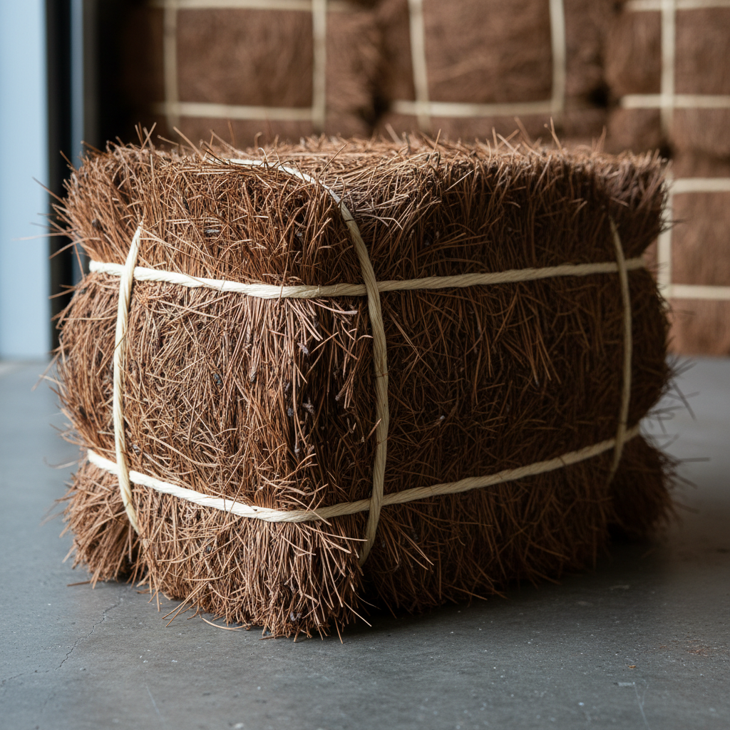A tightly framed, photographic close-up of a pine needle bale, wrapped in coarse, light-colored twine and compressed into a rectangular block. Individual needles protrude slightly at the edges, showing their fine, linear texture and warm chestnut hues. The bale sits on a smooth concrete surface with faint, subtle speckling, and additional bales form a softly blurred background, suggesting larger-scale supply. Side lighting from a nearby warehouse door creates defined highlights on the twine and gentle shadows along the bale’s contours, adding depth. Captured at a low, three-quarter angle with moderate depth of field, the image feels sturdy, reliable, and professional, ideal for showcasing raw pine needle products.